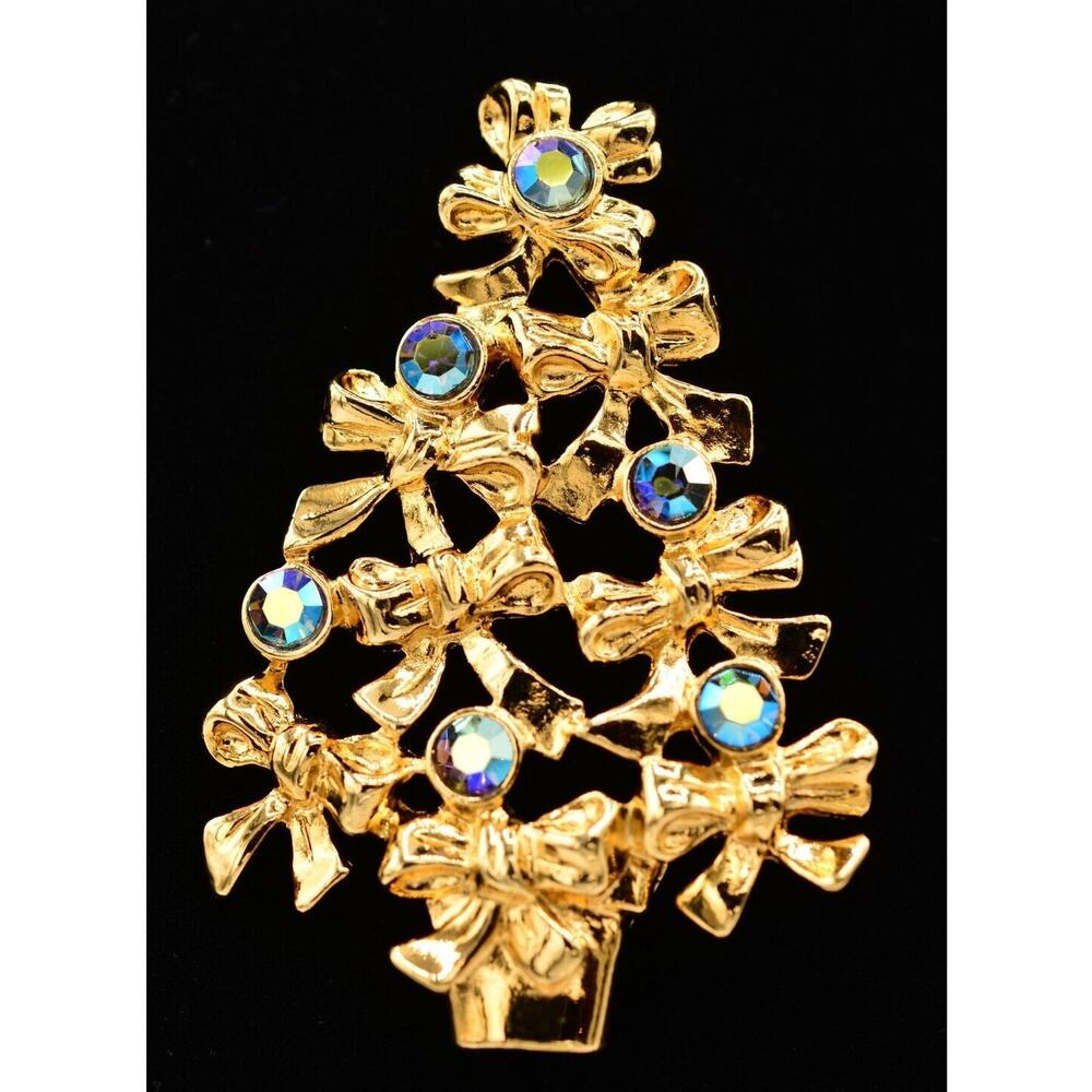 Avon Vintage Christmas Tree Pin Brooch Bow Crystal AB Blue Gold Signed 1980s 9B